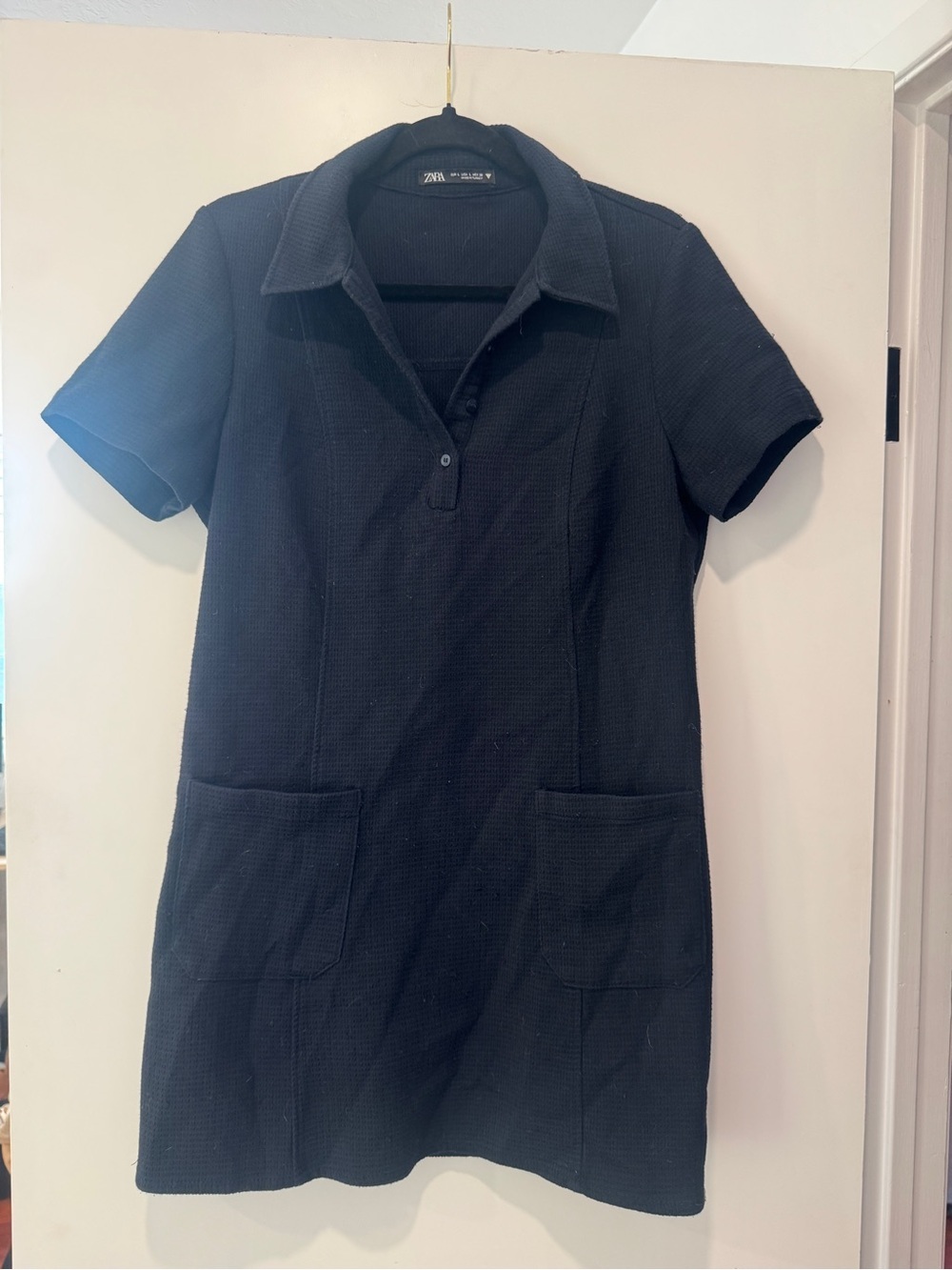 Zara Black Textured Knit Collared Mini Dress with Pockets | Size Large